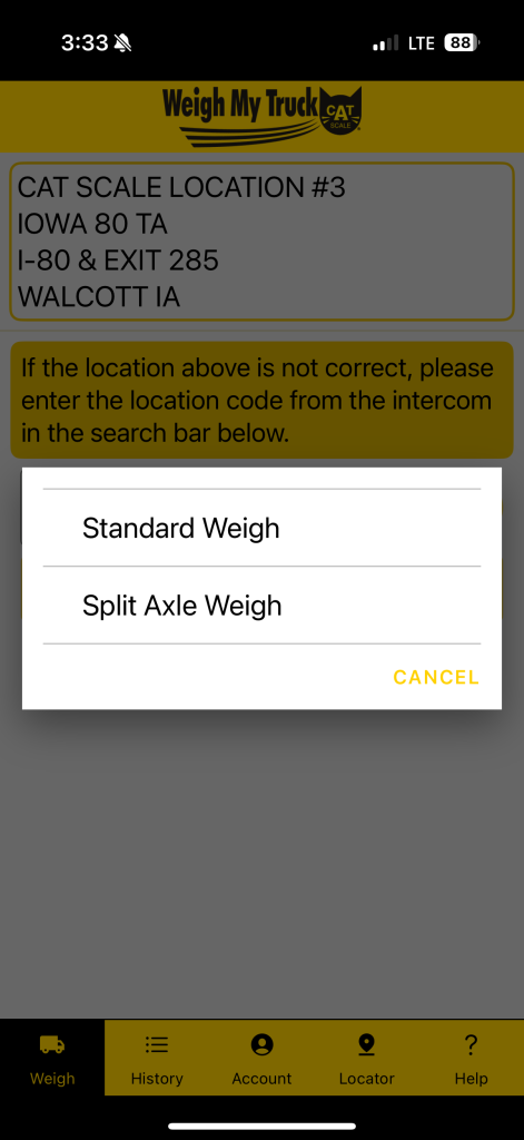 Screenshot of CAT Scale's Weight My Truck app featuring split-axle weighting